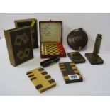GAMING, pair of mauchline tartan design score markers, also 2 inlaid wood score markers, 2 marquetry