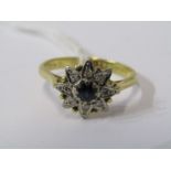 18ct YELLOW GOLD SAPPHIRE & DIAMOND STAR CLUSTER RING, principal sapphire surrounded by accent