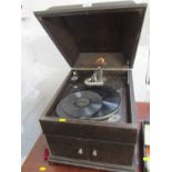 TABLE TOP GRAMOPHONE, HMV oak cased chrome interior gramophone and small selection of records