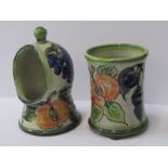 STUDIO POTTERY, Paul Jackson 7" salt pig and 5.25" waisted vase, both decorated with grape and fruit