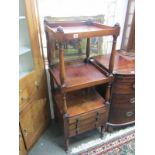 VICTORIAN WATNOT, mahogany 3 tier whatnot, fitted 3 drawers below on turned castor feet