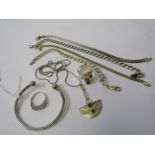 SILVER JEWELLERY, including torque bangle, curb bracelet, herringbone ribbon bracelet, pendants,