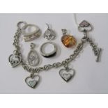 SILVER JEWELLERY, selection of silver jewellery including silver charm bracelet, 2 silver rings