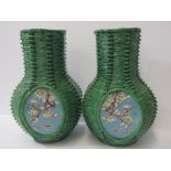 ORIENTAL CERAMICS, pair of Eastern pottery ozier design 11" green glazed vases, base stamp marks