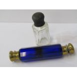 SCENT BOTTLE, Bristol blue glass double ended scent bottle with gilded ends, 5", together with 1