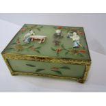 CHINESE JADE JEWEL BOX, attractive rectangular jewel box decorated with relief designs in coral