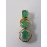 18ct YELLOW GOLD EMERALD & DIAMOND ENHANCER PENDANT, 3 graduated size emeralds with accent diamonds,