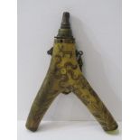 HUNTING, Stag horn scrimshaw 2 branch hunting flask with primitive scratchwork decoration,
