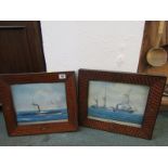 MARITIME, pair of mid 19th Century fine parquetry picture frames with coloured prints "