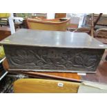 ANTIQUE CARVED OAK BIBLE BOX, foliate carved front table top Bible box with metal lock plate, 29"
