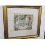 ETHELINE E. DELL, signed watercolour "Mother with Baby and Toddler sat in cottage garden", 6.5" x