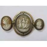 CAMEO'S, 3 vintage cameo brooches, all in yellow metal