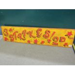 FAIRGROUND COLLECTABLES, reproduction wooden amusement sign, "3 Strikes for 2d", 38.5" width