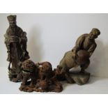 ORIENTAL CARVINGS, carved cherry root Kylin group, 6" width, together with Fisherman group and