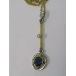 18ct YELOW GOLD SAPPHIRE & DIAMOND DROP PENDANT, unusual design enhancer style pendant, large blue