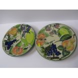 STUDIO POTTERY, Paul Jackson, 2 grape and fruit decorated cake stands dated 2002, 10.5" diameter