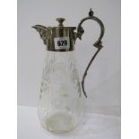 CLARET JUG, a quality cut glass claret jug with plated mounts and mask spout, 10" high