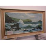 JOAN STERLING, signed oil on board "North Cornwall Coast - Breaking Waves", 11.5" x 23"