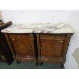 PAIR OF CONTINENTAL MARBLE TOPPED NARROW CABINETS, marquetry walnut bow fronted cupboard doors below