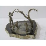 SILVER SHOOTING SCENE, Hunter with shot gun and Dog in woodland scene on quartz base, 6" dia