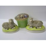 STAFFORDSHIRE POTTERY, pair of encrusted pottery Sheep figures on oval yellow ground bases, 5.5"