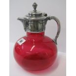 CRANBERRY GLASS, 19th Century claret jug with engraved plated mounts, 8" height