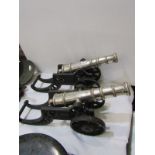 MILITARY, a fine pair of scale model white metal cannons on cast iron carriages, overall length 18"