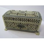 INDIAN VIZAGAPATAM BOX, a small domed top fretwork ivory jewel casket with claw feet, 4" width