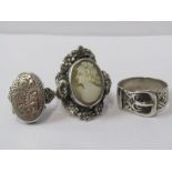 SILVER RINGS, selection of 3 silver rings including vintage belt buckle ring, locket ring & cameo