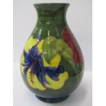 MOORCROFT, green ground "Hibiscus" design, 8.75" vase with late Queen Mary label