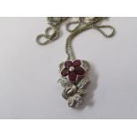 18ct WHITE GOLD RUBY & DIAMOND SET FLOWER PENDANT, on 18ct white gold box link necklace, approx 4.