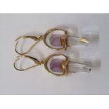 PAIR OF 9ct ROSE GOLD AMETRINE STYLE CRYSTAL EARRINGS, stone is pale pink, brown and white