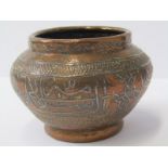 MIDDLE EASTERN VASE, a copper squat form vase with a silver inlaid decoration in relief, 4" dia