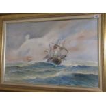 WILLIAM ISAACS, signed painting on canvas dated possibly '88, "Galleons in Stormy Seas", 20" x 30"