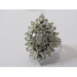 LARGE & IMPRESSIVE DIAMOND CLUSTER RING, mixed marquise brilliant and baguette cut diamonds