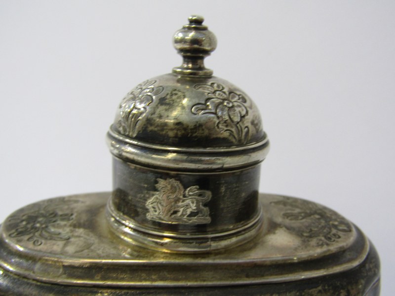 ANTIQUE CADDY, attractive floral embossed oval bodied tea caddy with Armorial engraved lid, 5" - Image 3 of 3