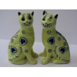 POTTERY CATS, pair of Galle-style yellow ground cats with blue heart decoration beaded eyes, 6" (1