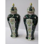 HEREND, pair of famille noire inverted baluster lidded 10.75" vases, decorated with alternating