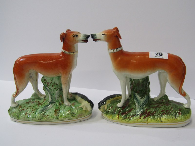 STAFFORDSHIRE POTTERY, pair of 19th Century Hunting Whippets with Game, 7" height