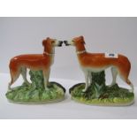 STAFFORDSHIRE POTTERY, pair of 19th Century Hunting Whippets with Game, 7" height