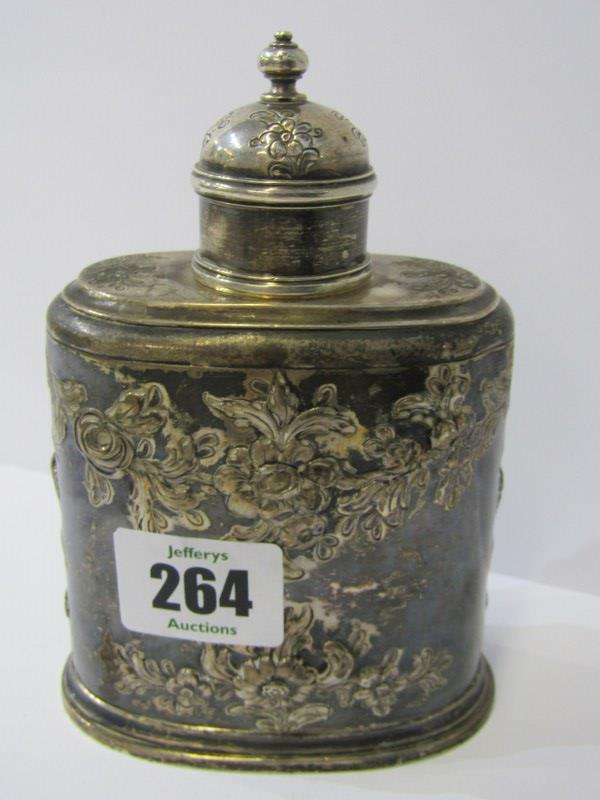 ANTIQUE CADDY, attractive floral embossed oval bodied tea caddy with Armorial engraved lid, 5"