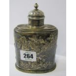 ANTIQUE CADDY, attractive floral embossed oval bodied tea caddy with Armorial engraved lid, 5"