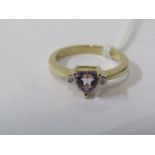 9ct YELLOW GOLD AMETHYST & DIAMOND RING, principal trillion cut amethyst with small accent diamond