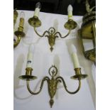 LIGHTING, pair of antique design brass twin branch wall lights of foliate details, 9" height
