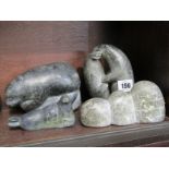 INNUIT, collection of 4 carvings including Polar Bear attacking Seal, Seal Pup signed Johnassies, 6"