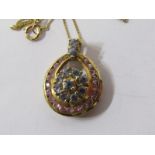 9ct YELLOW GOLD IOLITE & PINK TOPAZ DROP PENDANT on 9ct yellow gold chain