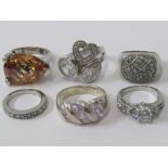 SILVER RINGS, selection of 6 stoneset silver rings, including mystic topaz style
