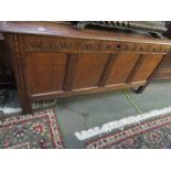 JACOBEAN DESIGN OAK COFFER, 4 panelled front oak coffer with carved lunette frieze, 60" width