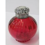 SILVER TOPPED SCENT BOTTLE, London 1894, with ruby glass base, 3.5" high