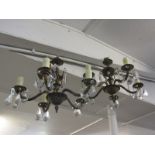 LIGHTING, pair of brass 5 branch light fittings with cut glass droplets, 15" dia